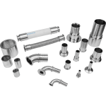 Prefabricated piping, stainless steel pipe fittings, flanges, sight glasses, manholes, cleaning balls, butterfly valves, ball valves, diaphragm valves, union joints, flexible couplings, connectors, and clamps.